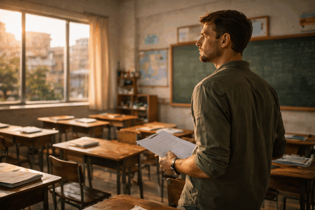 Teacher alone in overseas classroom before students arrive