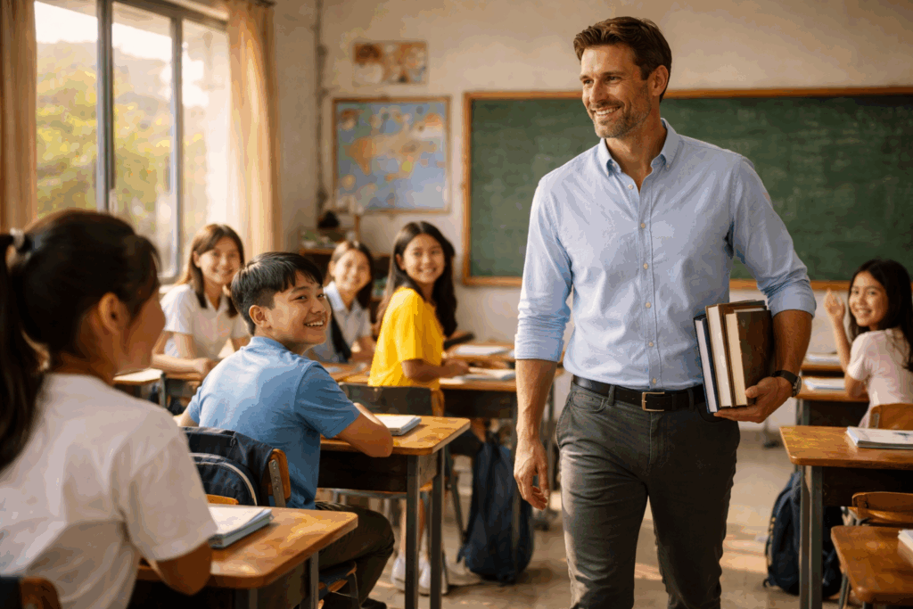 Teacher entering classroom greeted warmly by students
